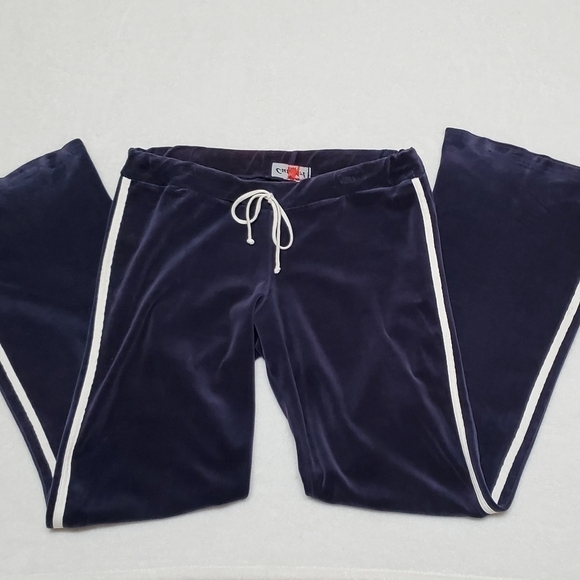 Vintage 90s Cute Girl Royal Blue Velour White Striped Low Rise Flare Track Pants - Picture 5 of 11